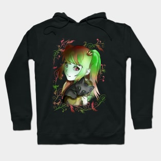 Green witch girl with black kitten for anime fans Hoodie